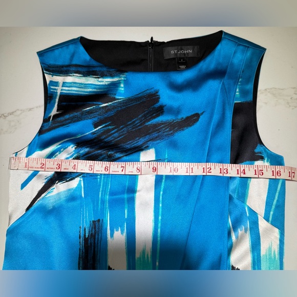 ST JOHN Brushstroke Stretch Silk Charmeuse Draped Cyan/Black Dress, Size 2 - Picture 13 of 16